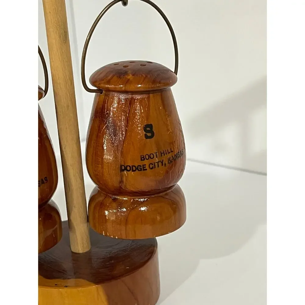 Boot Hill Dodge City KS Salt Pepper Shakers w/‎ Stand Western Cabin Souvenir Set